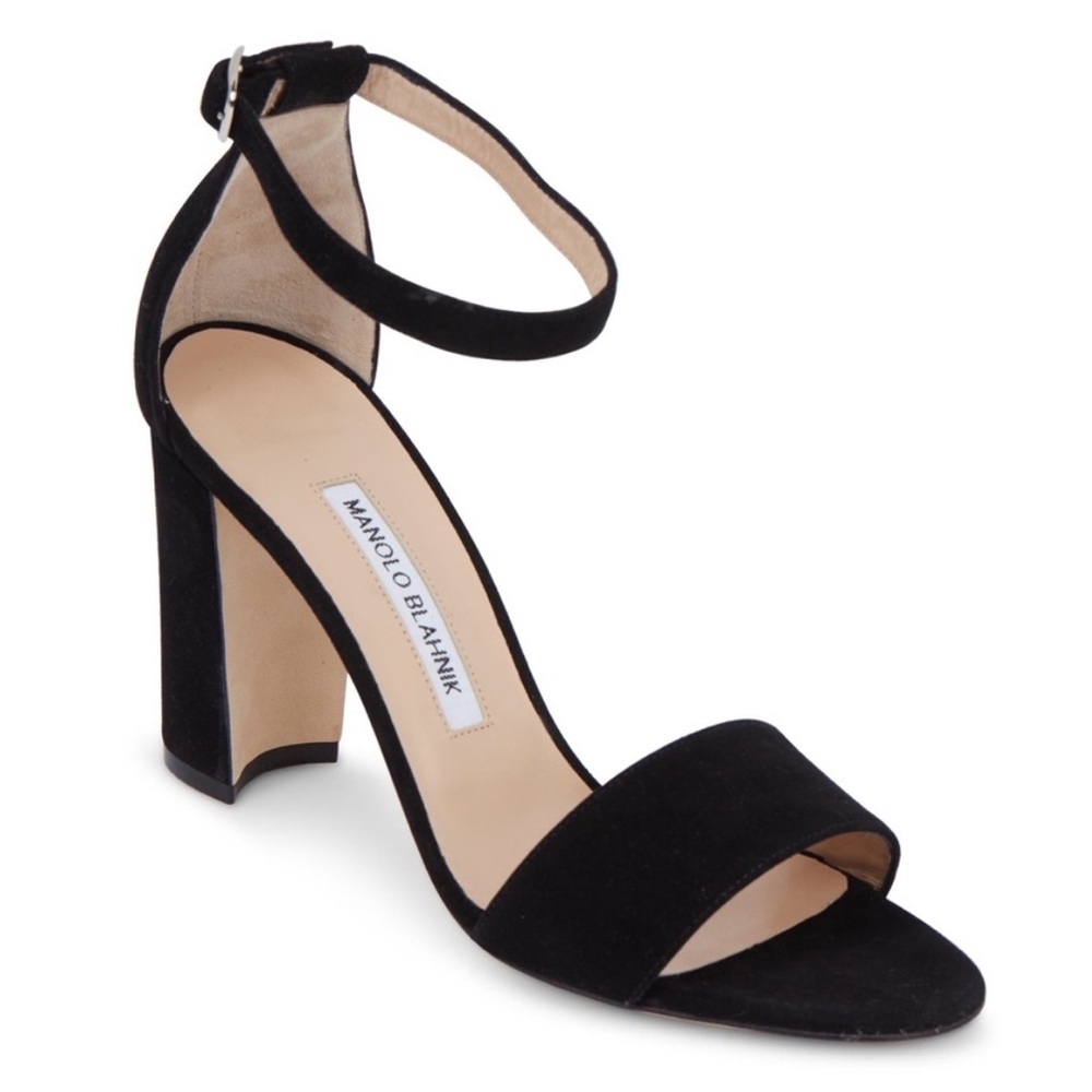 Manolo Blahnik Lauratopri Black Suede Sandal 90MM Minimalist Strappy Heels EU 39